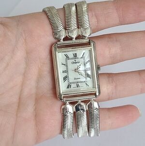 Vintage Silver Tone Cheval Quartz Pearl Square Face Ladies Fashion Watch